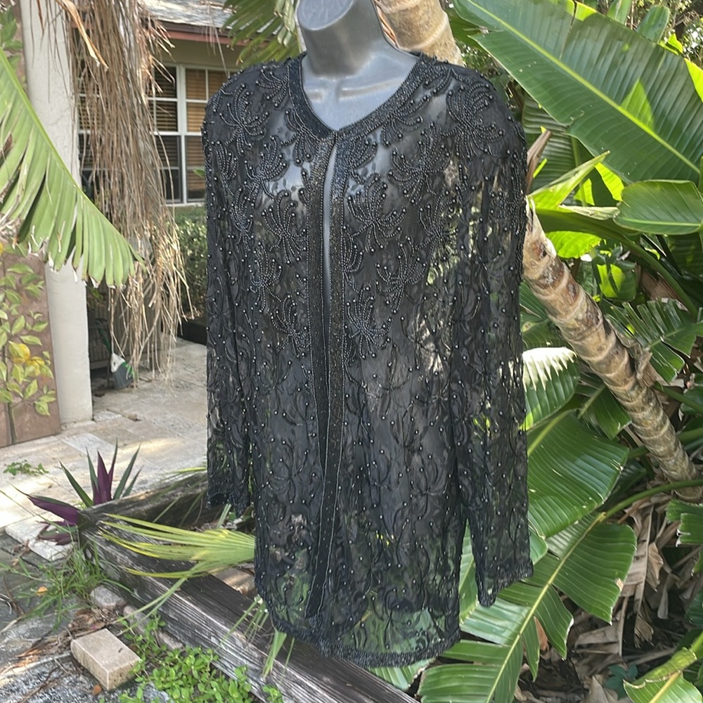 Scala lace and beaded vintage long line, sheer jacket